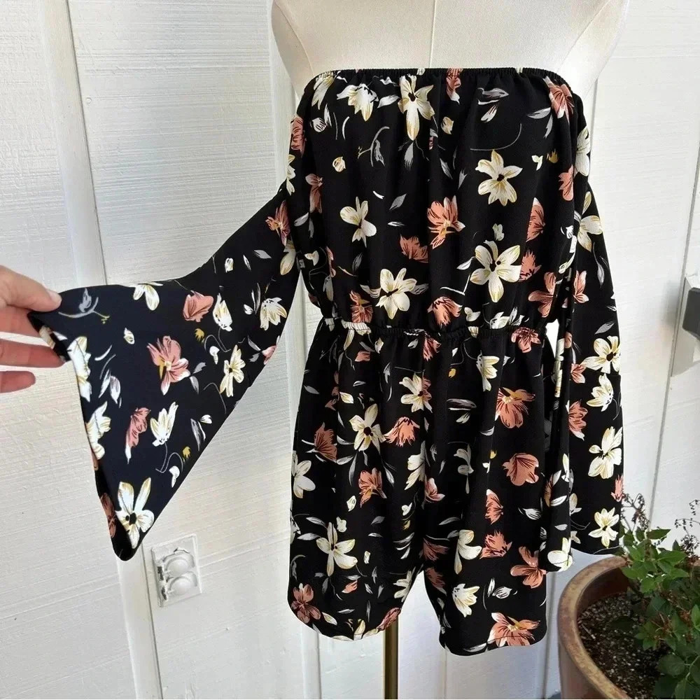 Women’s Black Floral All Over Print Bell Sleeve Off The Shoulder One-Pc Romper